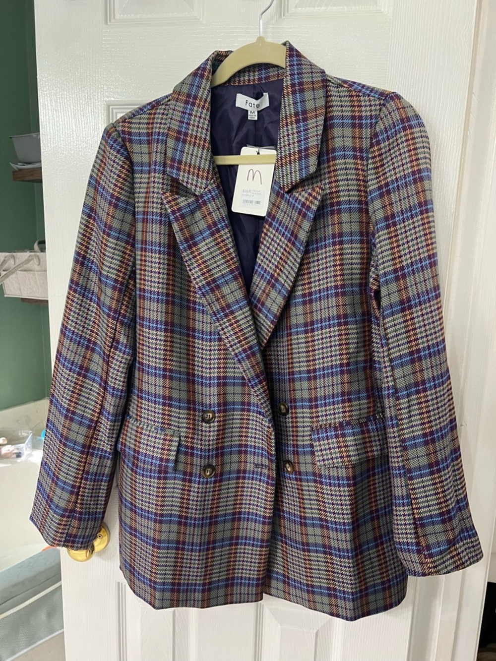 Fate Plaid Double-Breasted Blazer in Blue, Brown & Cream